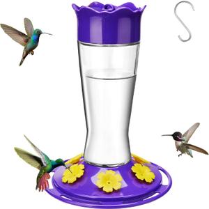 Kingsyard Glass Hummingbird Feeder for Outdoors Hanging, 14 oz Leak-Proof Humming Bird Feeders with Ant Moat & Bee Proof Feeding Ports, Hummingbird Gift for Bird Lovers (Updated Purple)