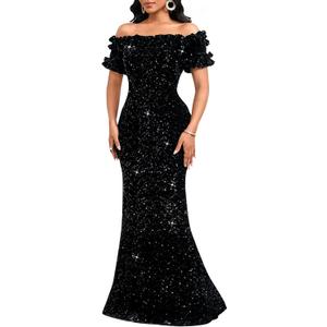 Women Sexy Sequin Off Shoulder Ruffle Short Sleeve Bodycon Mermaid Party Formal Evening Maxi Dress (XX-Large, Black)