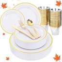 150Pcs Gold Plastic Plates, White Gold Plastic Dinnerware Set Perfect Party, Thanksgiving Disposable Plates Include 25 Dinner Plates,25 Dessert Plates,25 Cups,25 Gold Silverware Set