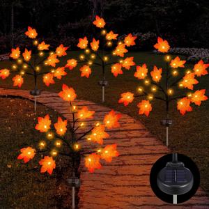 4 Pack Outdoor Fall Solar Lights Decorations Thanksgiving Waterproof Orange Maple Leaf Lights, Autumn Artificial Tree for Halloween Christmas Party Yard Garden Decor, 10 LED 8 Modes