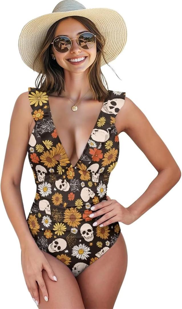 Womens One Piece Swimsuits Tummy Control Ruffle Tie Back Bathing Suit High Waisted Tie Back Swimwear Size XS-2XL (Medium, Gothic Skull)
