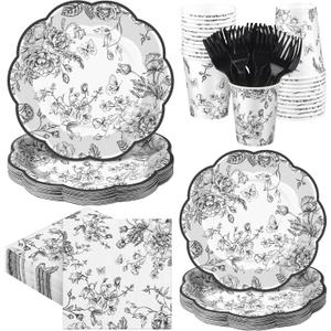Kochorie 144 Pieces Black Floral Paper Plates and Napkins Party Supplies, Black and White Flower Tableware Set Include Vintage Scalloped Plates Napkins Cups Forks for Wedding Birthday Tea Party