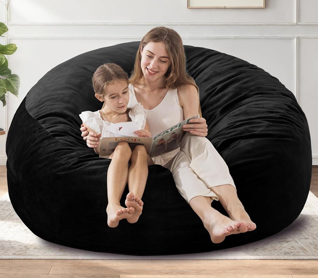 EDUJIN Large Bean Bag Chair, Memory Foam Bean Bag Chairs for Adults with Filler Included, Ultra Soft Dutch Velvet Fabric, Bean Bag for Living Room - 6 Foot, Black