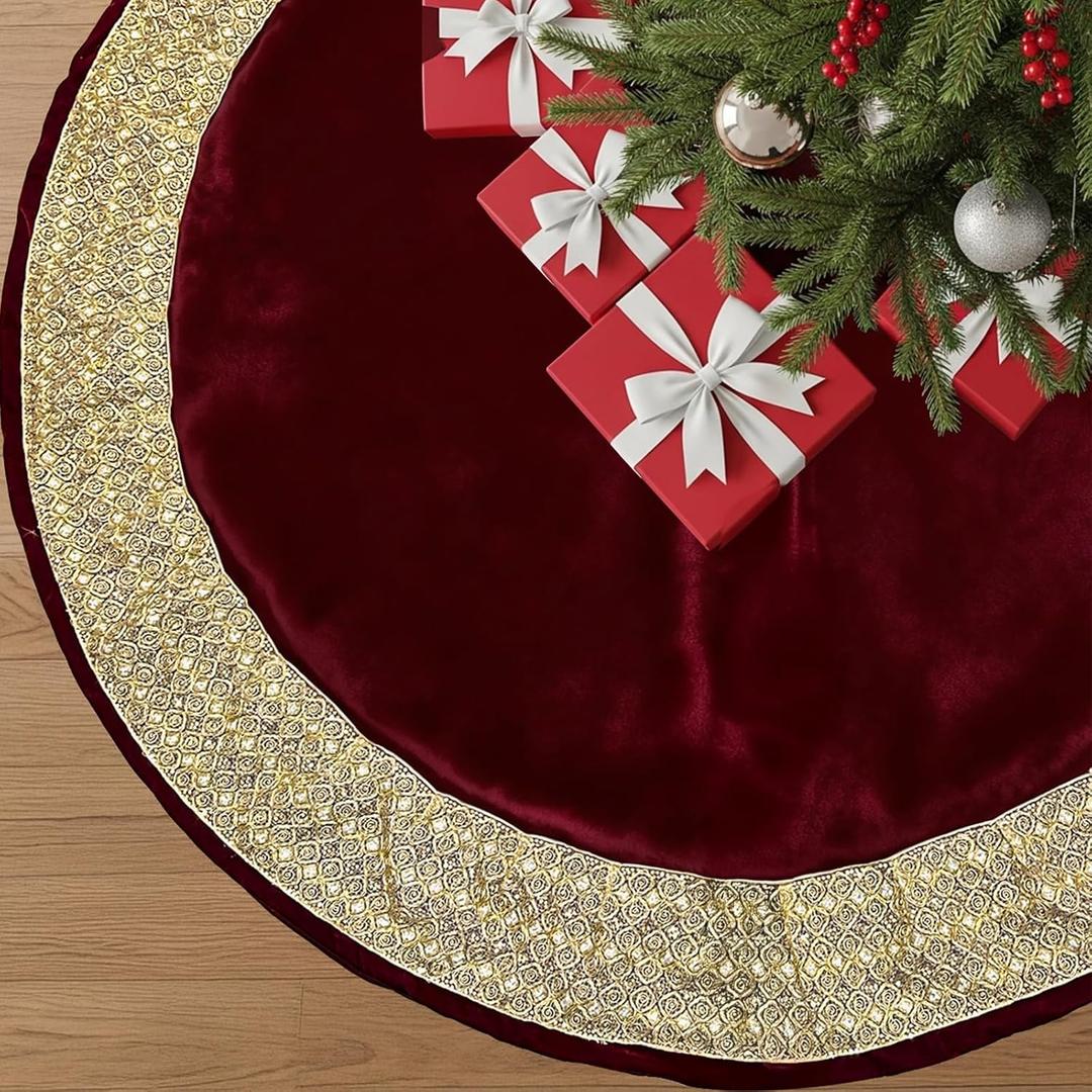 OurWarm 72inch Vintage Christmas Tree Skirt Large Velvet Tree Skirt with Gold Glitter Trim, Rustic Xmas Tree Skirts for Christmas Party Favors, Retro Luxury Christmas Tree Decorations (Burgundy)