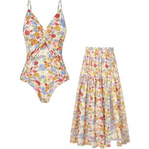 GRACE KARIN Women's One Piece Swimsuits with Cover Up Skirt Tummy Control V Neck Bathing Suits Multicolored Red Floral, Large