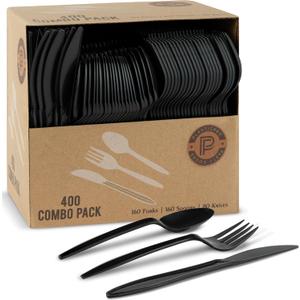 PLASTICPRO 400 Pack Disposable Plastic Utensils Assorted Colored Cutlery Combo Set Forks Spoons Knives Silverware, Black Plastic Cutlery for Parties