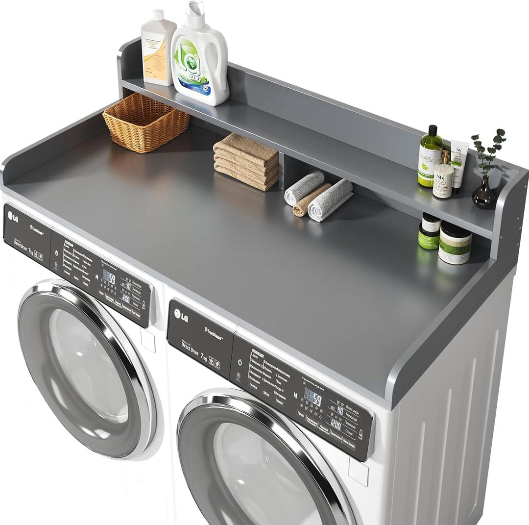 2-Tier Washer and Dryer Countertop with 2.75" H Guard,54" W x 27.5" D Laundry Countertop Cover with Non-Slip Pad,Large Space Laundry Topper for Folding Clothes Over Washer and Dryer-Standard-2 Tier (54"Wx27.5"Dx12"H), Grey