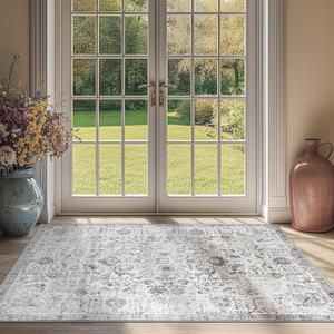 jinchan Area Rug 3x5 Washable Entryway Rug Vintage Door Mat Indoor Entrance Thin Retro Distressed Gray Floral Doormat Country Boho Lightweight Non Slip Carpet for Bathroom Kitchen Bedroom Grey