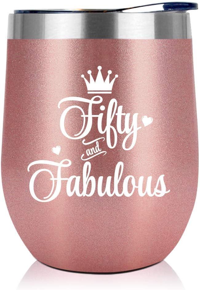 NewEleven 50th Birthday Gifts For Women, Her - 1976 50th Birthday Decorations - Gift For Women Turning 50-50 Year Old Gift For Her, Mom, Wife, Friends - 12 Oz Wine Tumbler (Fifty fabulous rose)