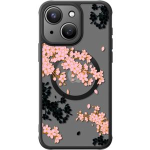 FUNMIKO for iPhone 15 Case Wireless Charging & Military-Grade Protection - Cute Floral Design for Women Girls, Non-Slip Matte Cover with Shockproof Corners - Black and Pink Cherry Blossoms