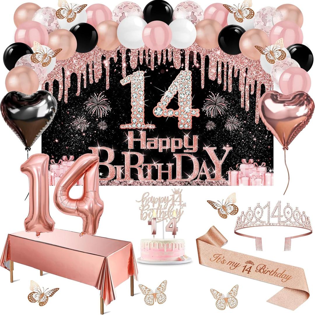 14th Birthday Decorations for Girls, 49pcs Black Rose Gold Black Banner, Tablecloth, Butterfly Decor, 14th Birthday Sash and Tiara, Cake Topper, Candles, Balloons Arch