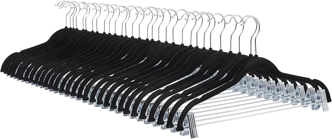 Amazon Basics Velvet Non-Slip Skirt Clothes Hangers with Clips, 360 Degree Rotatable Hook, Organize Pants and Skirts, Black/Silver, 24-Pack