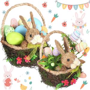 SiliFine 2 Pack Wicker Easter Basket Bunny Woven Basket with Handle Spring Easter Decorations Rabbit Candy Egg Picnic Hamper for Egg Hunt Home Table Kids Party Gift Supplies, 6.7" x 10.4", 5.5"x 9.4"