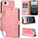 for iPhone 16e Wallet Case, RFID Blocking 4 Card Slots Holder Cover for iPhone 16e 2025 6.1 Inches, Wrist Strap, Shockproof Protective Stand Leather Folio Flip Cases (Pink)