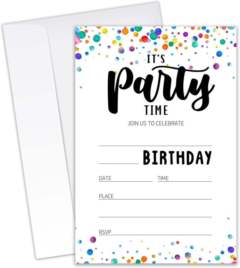 It's Party Time - Birthday Invitation Cards with Envelopes (4x6 Inches, Pack of 20) - Invitations for Birthday Party & Celebrations.(082)