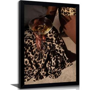 Framed Woman with Wine Glass Wall Art Leopard Fashion Canvas Print 16x24in
