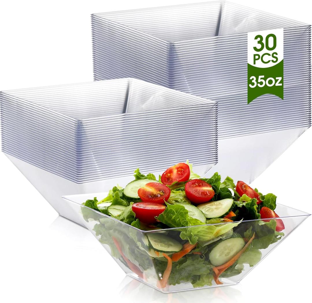 Tioncy 30 Pcs Square Plastic Serving Bowls, Medium Salad Fluted Plastic 35 oz Disposable Serving Bowls Containers for Parties, Snack, Buffet, Chips(Clear,Classic)