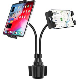 Dual Car Tablet Mount for Cup Holder, Gooseneck Car Cupholder Tablet Holder with Strong Long Arm 10" for 4-12.9" Devices, iPad Pro Air Mini, Galaxy Tabs, Huawei, iPhone, Tablets & Phones