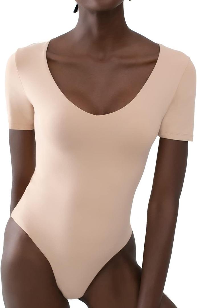 PUMIEY Women's V Neck Short Sleeve Bodysuit Sexy Tops Sharp Collection (Medium)