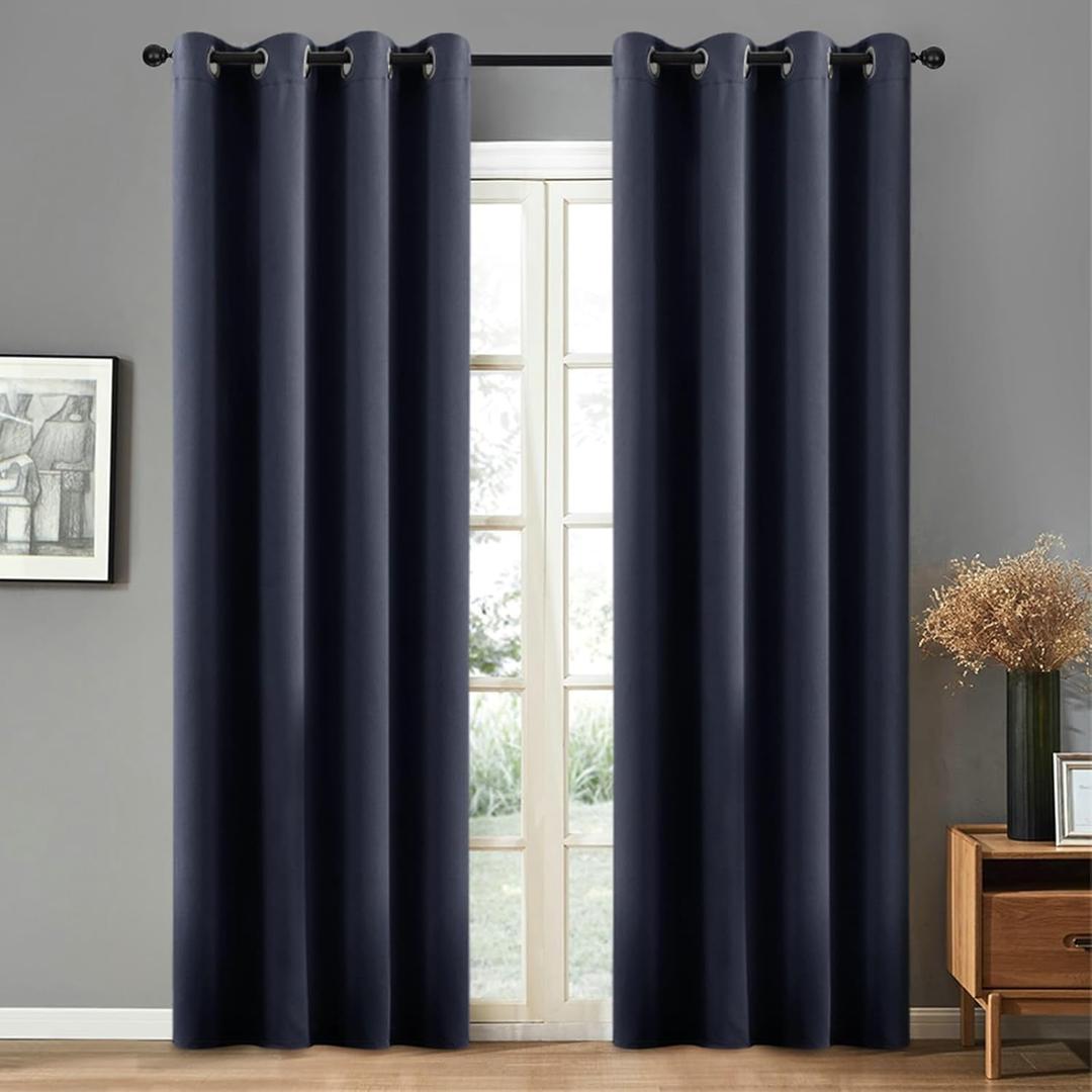 Navy Blue Curtains 96 Inch, Solid Color Blackout Curtains with Grommets for Bedroom 2 Panels Cotton Polyester Room Curtains, 54 x 96 Inches