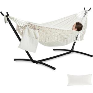 PNAEUT Handmade Tassel Hammocks, Double Hammock with Stand for Outside, Max 450 lbs Capacity, Pillow & Storage Bag Included (Beige)