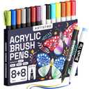 Acrylic Paint Pens Brush Tip, 8 Metallic & 8 Basic Colors Acrylic Paint Markers. Calligraphy Brush Set for Rock Painting, Scrapbooking, Sumi Brush, Lettering, Card Making, Sketching, Black Paper, DIY 7 MISSING Pack Of 9