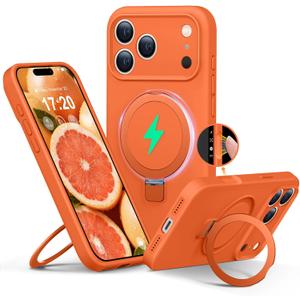 Liquid Silicone Case for iPhone 17 pro with Magnetic Ring Stand, Upgraded Camera Lens tection Mil-Grade Drop Shockof Soft Anti-Scratch Microfiber Lining(Orange)