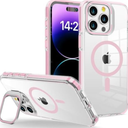 WOGROO iPhone 15 Pro Max Case [Compatible With MagSafe], Magnetic Kickstand for Women Girls, 6.7", Clear Pink
