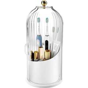 Bathroom Toothbrush Holder Organizer, 360 Rotating Toothbrush Storage Caddy with Dustproof Cover, Countertop Toothpaste Holder for Electric Toothbrushes, Makeup Brushes
