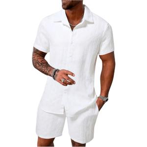 Men's Short Sets 2 Piece Outfits Button Down Linen Shirts and Short Sets Summer Beach Outfis (White)
