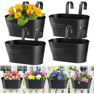 MADHOLLY Railing Planter with Drainage Holes- Sturdy Bucket Pots for Railing Fence, Countryside Style Metal Flower Pots for Herbs Balcony Garden Yard Decor, 4Pcs, Black