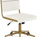Martha Stewart Lulu Swivel Task Chair with Height Adjustable Seat for Home Office in Off White Faux Leather with Polished Brass Frame