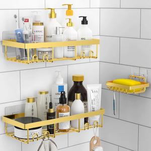 Moforoco 3-Pack Shower Caddy Basket Shelf with Soap Holder, No Drilling Traceless Adhesive Shower Wall Shelves, Rustproof Black Bathroom Shower Storage Organizer (Gold)