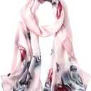 MEISEE 100% Mulberry Silk Long Scarf for Women Large Oblong Sunscreen Shawls Wraps Neck Headscarf Hair Wraps Gift Packed (Pink Gray Flowers)