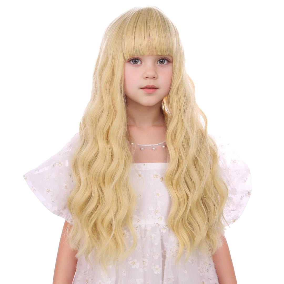 Girls Blonde Wig Long Kid Golden Blonde Wig with Flat Bangs Child Blond Wavy Curly Wigs Heat Resistant Synthetic Wigs with Cap