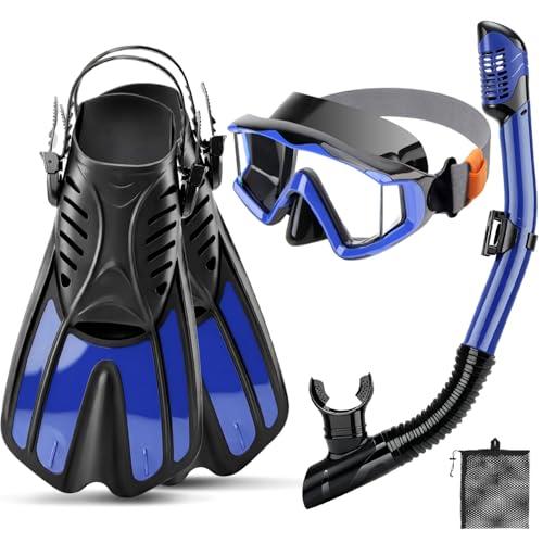 PIYAZI Snorkeling Gear for Kids Adults, 4 in 1 Snorkel Mask Fins Set with 3 Window Snorkel Mask, Dry Top Snorkel, Adjustable Short Fins and Mesh Bag, (Blue, L/XL(42-47) Adults)