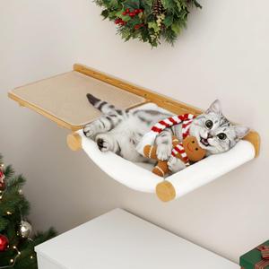 2-in-1 Cat Hammock & Shelf with 15 x 11" Wall Cat Scratcher - Durable Jute Scratching Pad for All Breeds (Solid Pinewood)