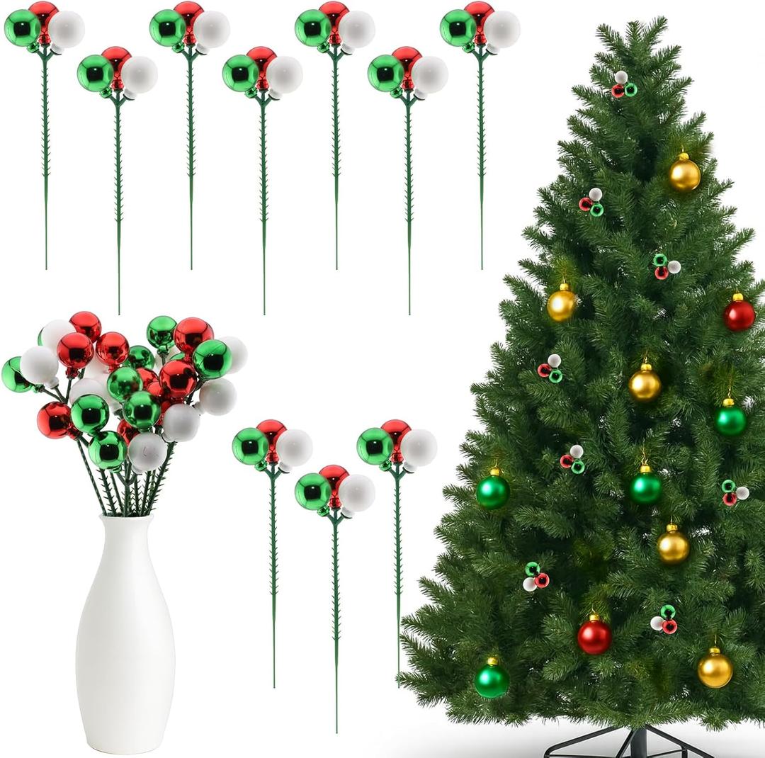 10 Pcs Christmas Ball Ornaments 7.9 Inch Red Green Gold Christmas Tree Picks for Holiday Wedding Vase Fillers Xmas Tree Topper DIY Wreath Crafts Decor (Red,Green,White)