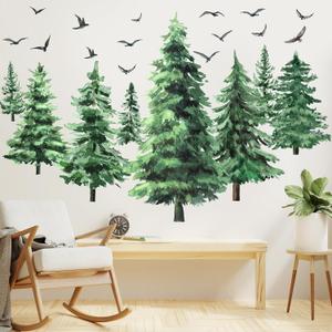 Qilery Large Pine Tree Wall Decals Winter Tree Wall Decal Watercolor Peel and Stick Forest Stickers Woodland Birds Branch Sticker for Nursery Bedroom Living Room(Classic Style)