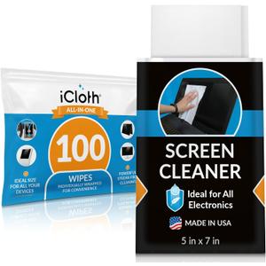 iCloth Large Screen Cleaning Wipes for Electronics, Lint-Free and Streak-Free, Fast-Drying, Removes Dust, Fingerprints, and Smudges (100 Wipes)