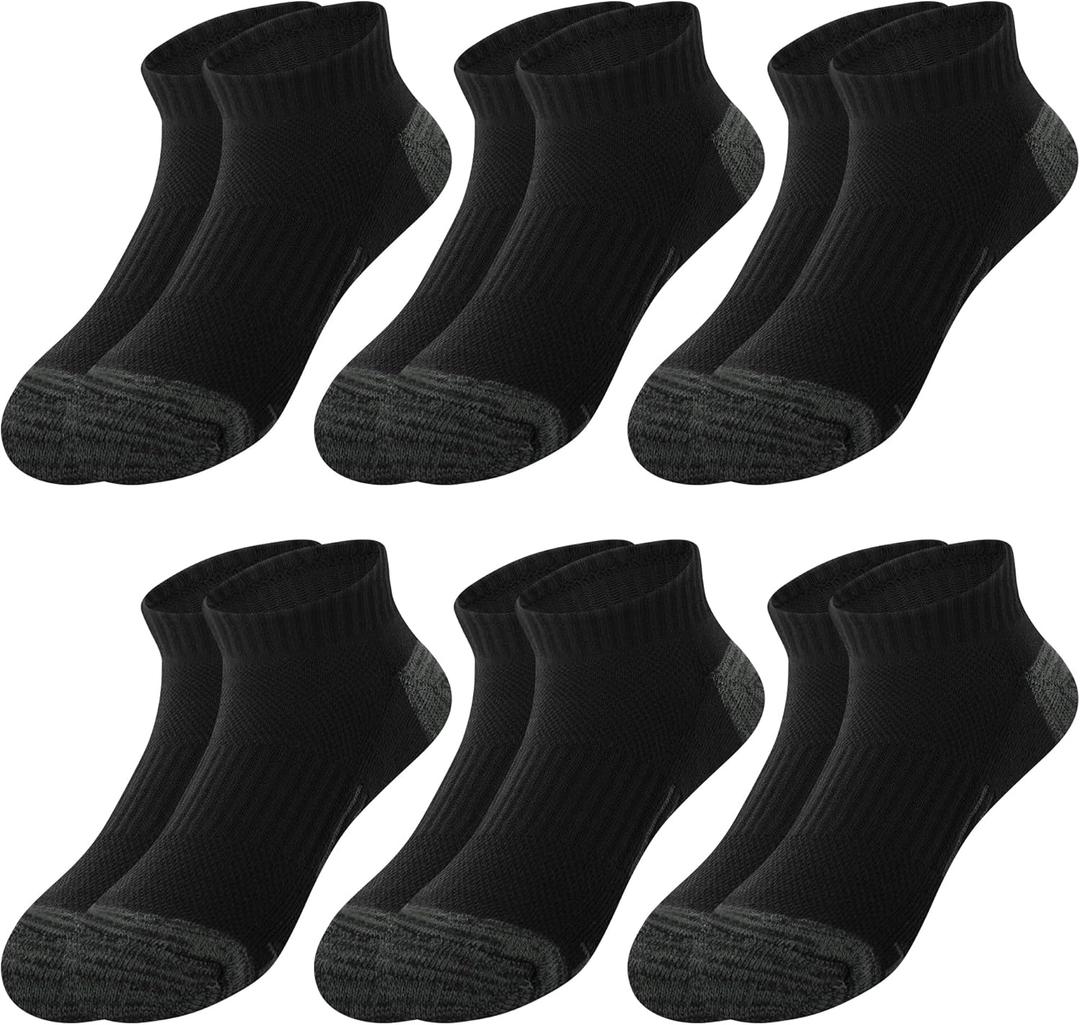 BAMBOO COOL Men's Ankle Socks Athletic Low Cut Heel Tab Cushioned Moisture Wicking, Running Arch Support Breathable, 6 Pack Black (Black, S)