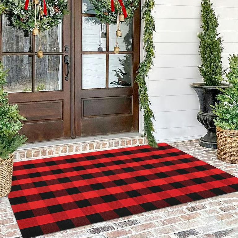 KOZYFLY Buffalo Plaid Rug 4x6 Ft Red and Black Outdoor Rugs Washable Checkered Rug Cotton Christmas Door Mat Outdoor Indoor Area Rugs Halloween Fall Rug for Front Door Patio Kitchen