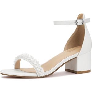 PARTY Women's Open Toe Ankle Strap Low Block Chunky Heels Sandals (White), Size 11