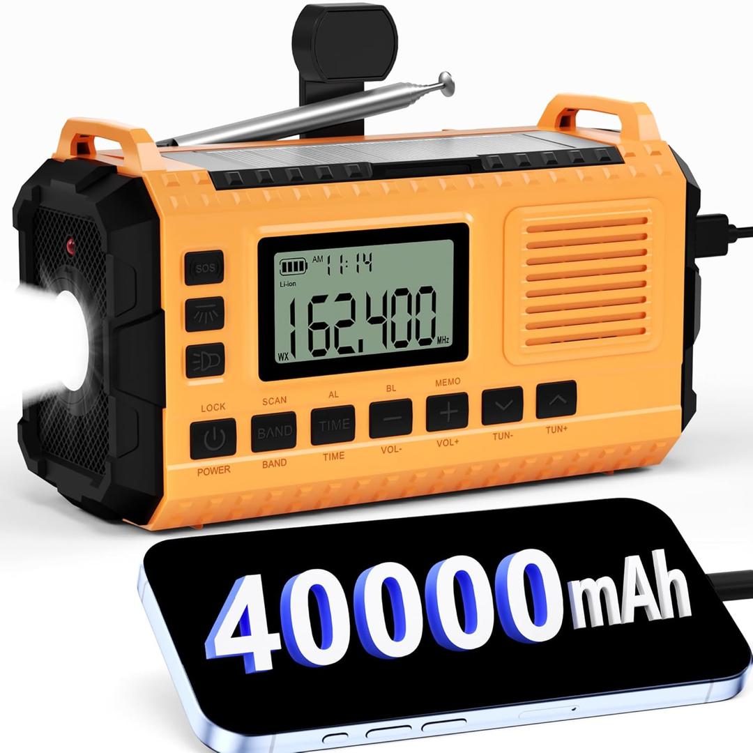Emergency Weather Radio - AM/FM/NOAA Hand Crank Radio with 15W Fast Charge, 40000mAh Portable Solar Power Bank, Multi-Function Flashlight & SOS Alarm for Outdoor Indoor Emergencies (Orange)