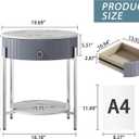 OIOG Round Side Table with Drawer, Modern Nightstand with Shelf and Chrome Finish Metal Legs, 2 Tier End Table for Living Room, Bedroom, Office, Marbling Natural Stone/Silver, 21.26 inches x 21.26 inches x 23.66 inches