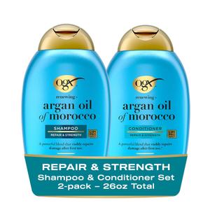 OGX Renewing Argan Oil of Morocco Sulfate Free Shampoo and Conditioner Set, Repairing for Dry, Damaged Hair, Frizz Control, Subtle Citrus Woody Scent, Lipi Pro Shield Technology, 13 fl oz, 2 Pack