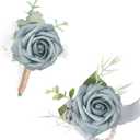 Dusty Blue Corsage and Boutonniere Set, Rose Boutonniere for Men Wedding, Prom Artificial Flower Wrist Corsage Bracelets, Homecoming Corsage Wristlet, Flowers Accessories Prom Suit Decorations