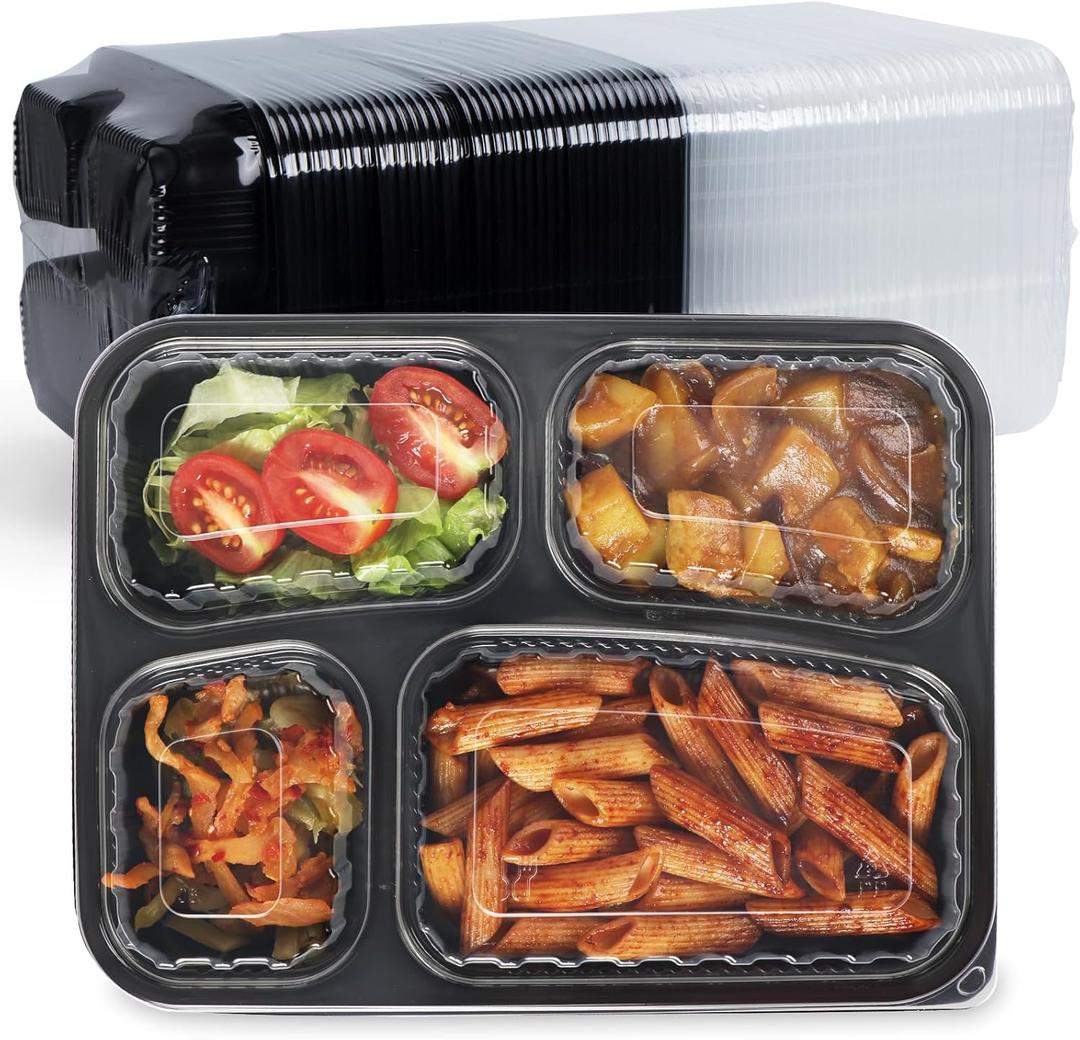 Meal Prep Container, 4 Compartment 40-Pack To Go Containers with Lids Reusable BPA Free Microwave and Freezer Safe Bento Boxes Ideal for Portion Control and Food Storage(34oz) (Black)