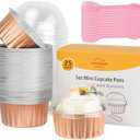 LNYZQUS 5oz Cupcake Baking Cups with Lids 25 Pack, Foil Muffin Tin Mini Cake Pans Small Cupcake Containers, Disposable Creme Brulee Ramekins Liners for Bake Sales Wedding-Champagne