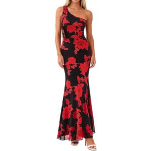 PRETTYGARDEN Womens Summer One Shoulder Maxi Dress 2026 Floral Sleeveless Bodycon Mesh Long Beach Vacation Sun Dresses (Large, Black Red Flower)